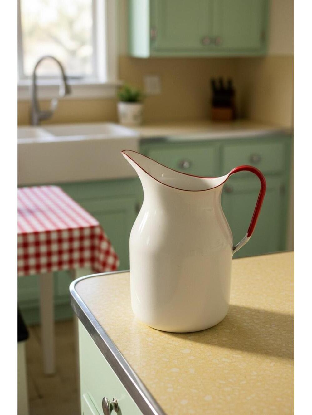 Vintage Enamelware Water Pitcher White With Red Trim Rustic Farmhouse Display